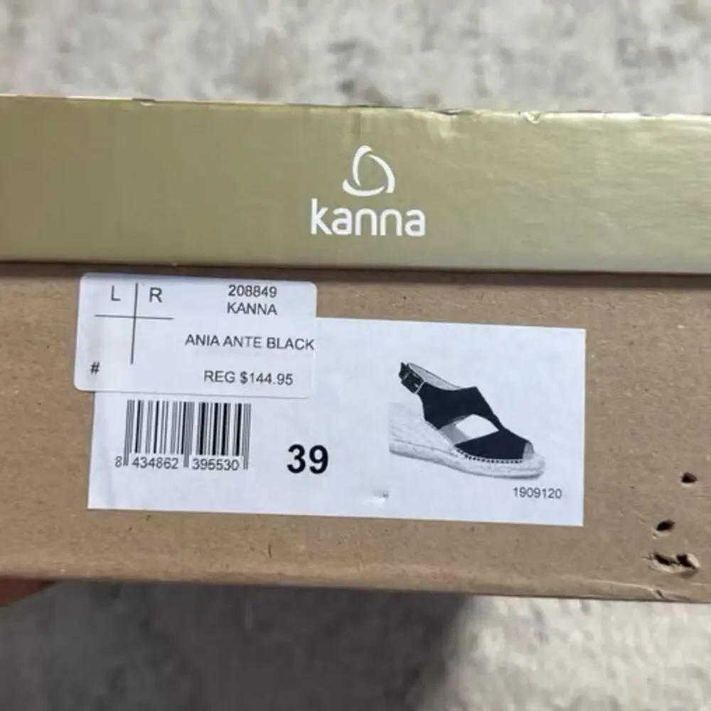 Kanna Ania Ante Black Suede Espadrille Slingback Peep Toe Wedge Sandal Size 39